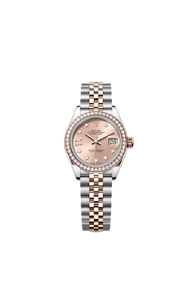 Lady-Datejust, 蠔式,28毫米,鑽石、永恒玫瑰金及蠔式鋼, 錶面 : 玫瑰金色,鑲鑽石, Rolex