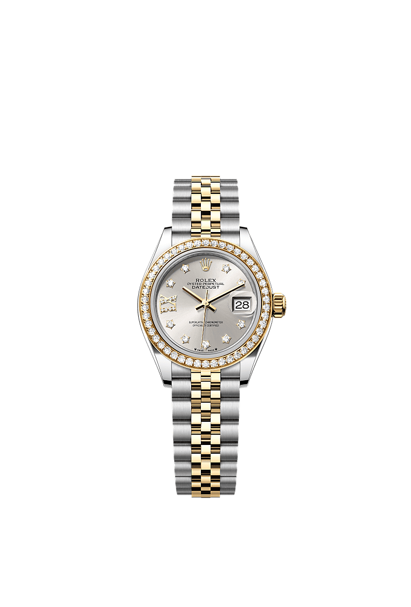 Lady-Datejust, Oyster, 28 mm, Oystersteel, yellow gold and diamonds, Dial : Silver set with diamonds, Rolex