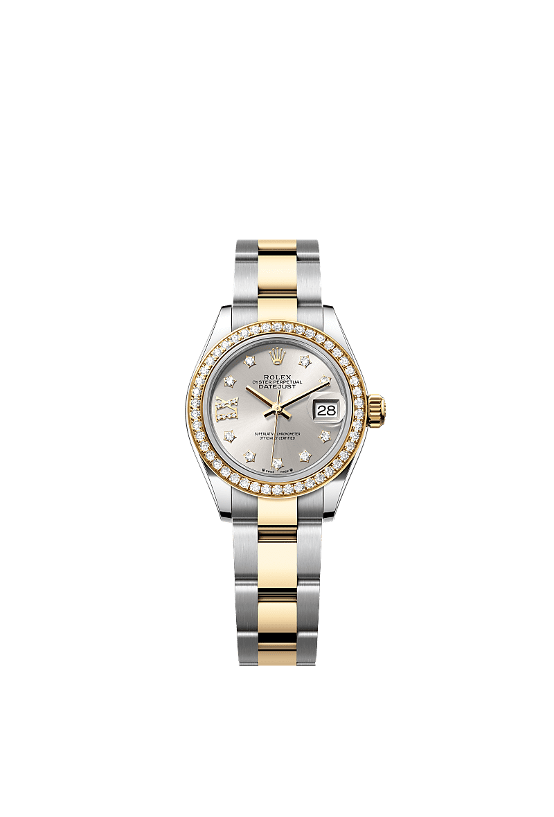 Lady-Datejust, Oyster, 28 มม., Oystersteel, ทองคำและเพชร, หน้าปัด : สีเงินประดับด้วยเพชร, Rolex
