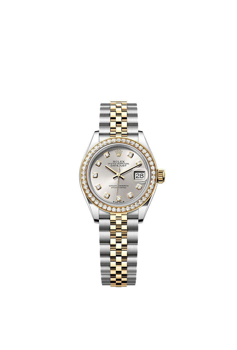 Lady-Datejust, 蠔式，28毫米，鑽石、黃金及蠔式鋼, 錶面 : 銀色，鑲鑽石, Rolex