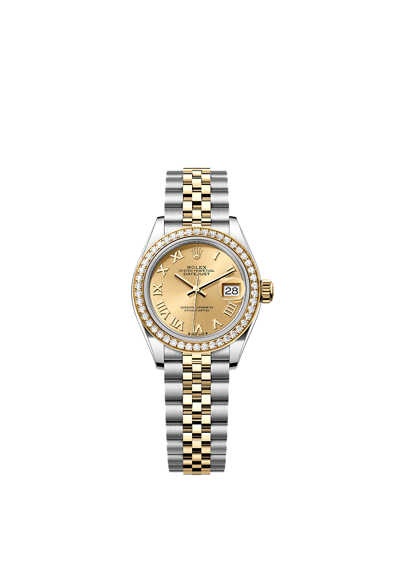 Lady-Datejust, Oyster, 28 mm, thép Oystersteel, vàng kim và kim cương, Mặt đồng hồ : Màu Champagne, Rolex