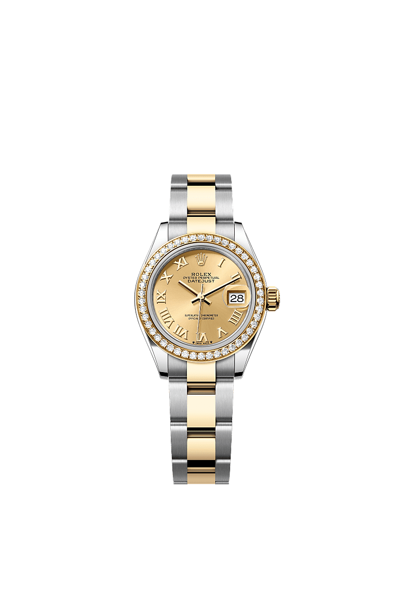 Lady-Datejust, Oyster, 28 mm, Oystersteel, emas kuning dan berlian, Permukaan : Warna champagne, Rolex