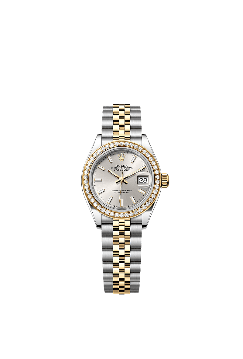 Lady-Datejust, Oyster, 28 мм, сталь Oystersteel, желтое золото и бриллианты, Циферблат : Серебристый, Rolex