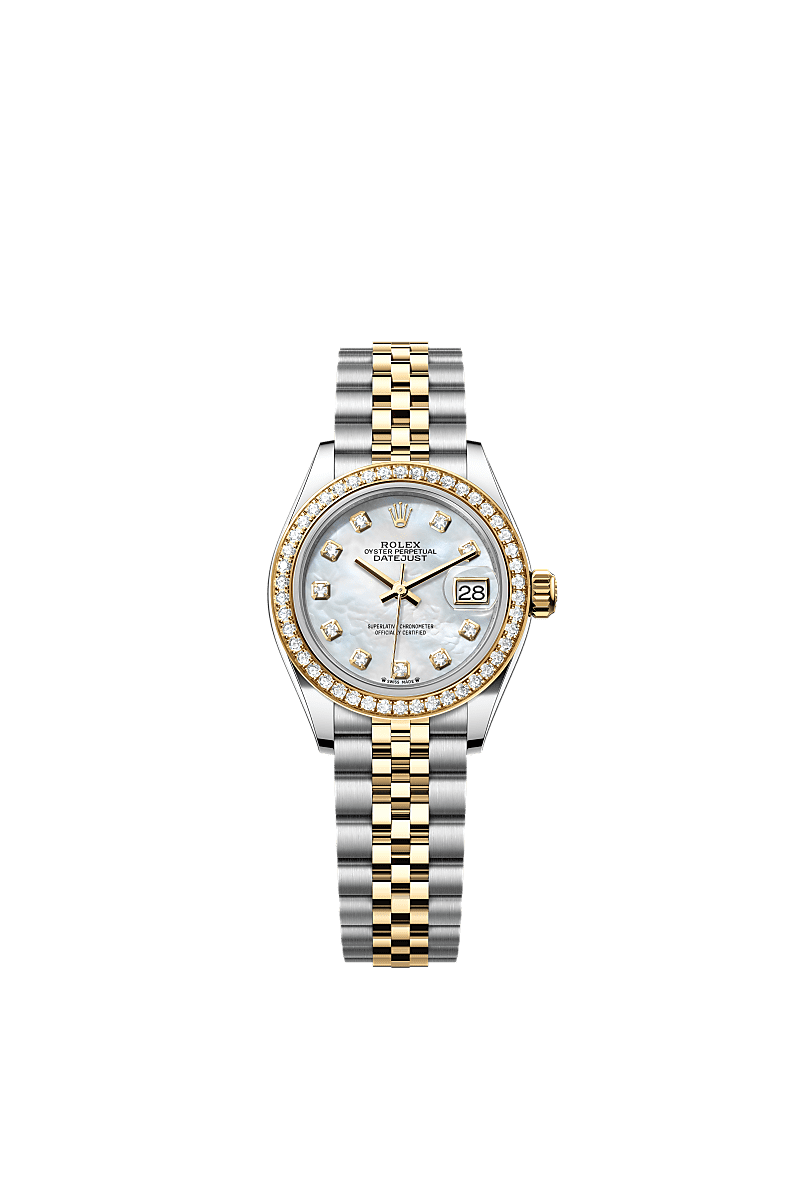 Lady-Datejust, Oyster, 28 mm, Oystersteel, geelgoud en diamanten, Wijzerplaat : Wit parelmoer, bezet met diamanten, Rolex