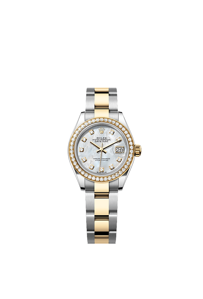 Lady-Datejust, Oyster, 28 mm, Oystersteel, emas kuning dan berlian, Permukaan : Mutiara tempurung putih bertatahkan berlian, Rolex