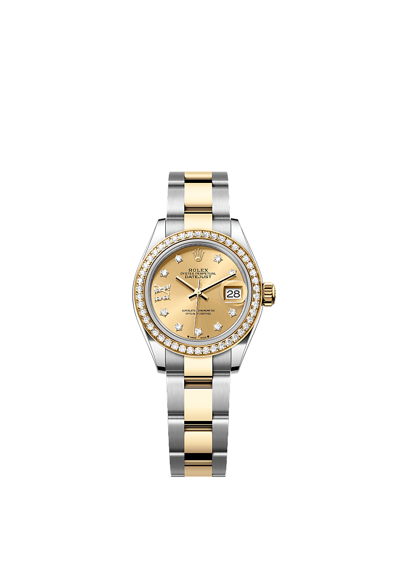 Lady-Datejust, Oyster, 28 mm, acero Oystersteel, oro amarillo y diamantes, Esfera : Color <i>champagne</i>, engastada de diamantes, Rolex