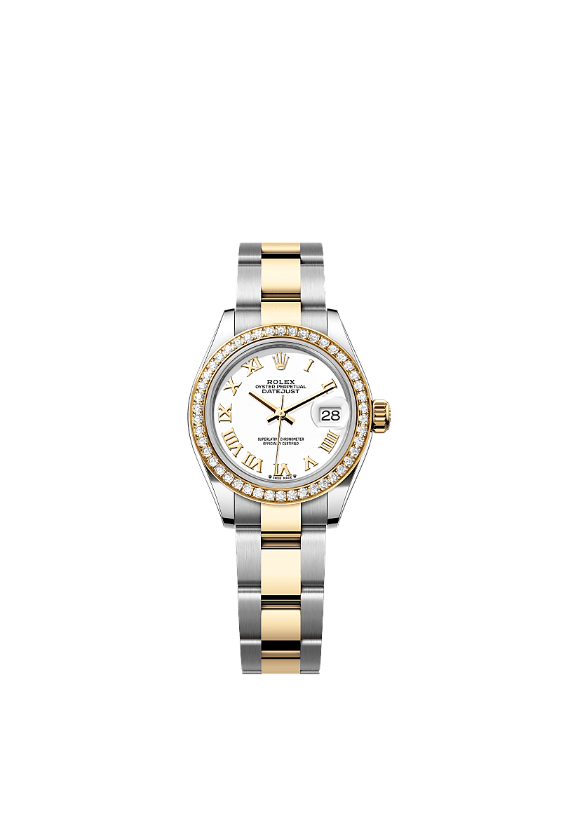 Lady-Datejust, Oyster, 28 mm, acier Oystersteel, or jaune et diamants, Cadran : Blanc, Rolex