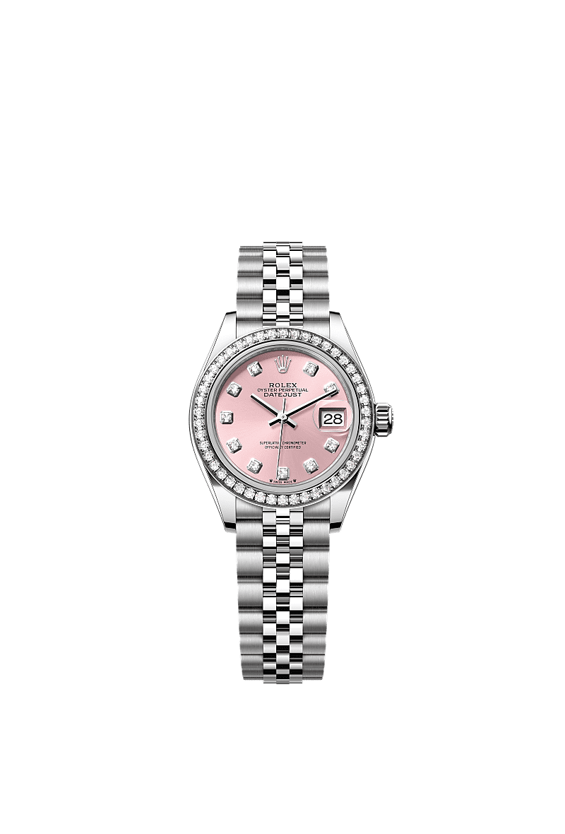 Lady-Datejust, Oyster, 28 mm, Oystersteel, emas putih dan berlian, Permukaan : Merah jambu dipasangkan dengan berlian, Rolex