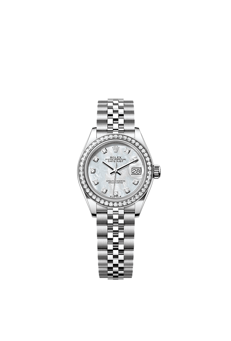 Lady-Datejust, Oyster, 28 mm, thép Oystersteel, vàng trắng và kim cương, Mặt đồng hồ : Mặt đồng hồ ngọc trai trắng nạm kim cương, Rolex