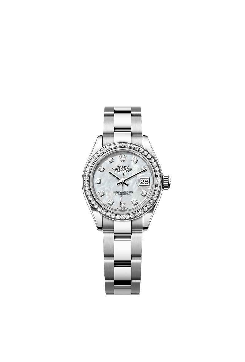 Lady-Datejust, Oyster, 28 mm, Oystersteel, emas putih dan berlian, Permukaan : Mutiara tempurung putih bertatahkan berlian, Rolex