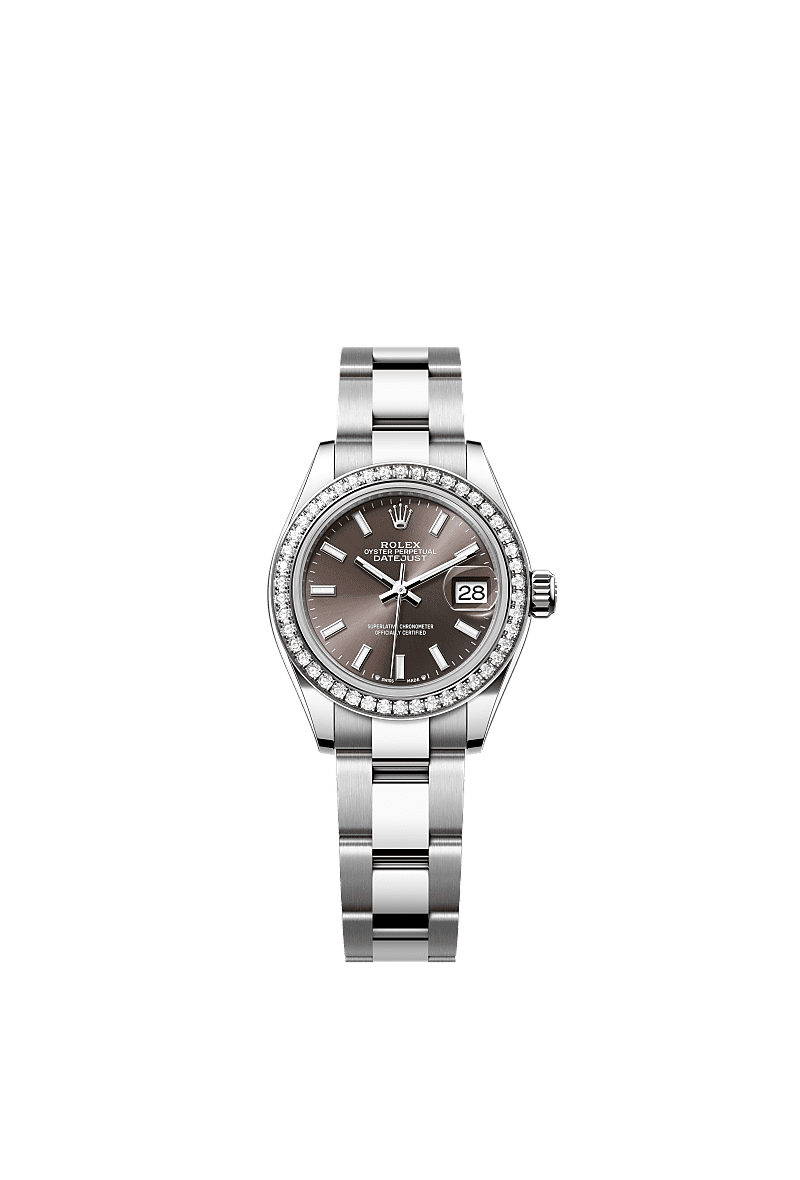 Lady-Datejust, Oyster, 28 mm, acciaio Oystersteel, oro bianco e diamanti, Quadrante : Dark grey, Rolex