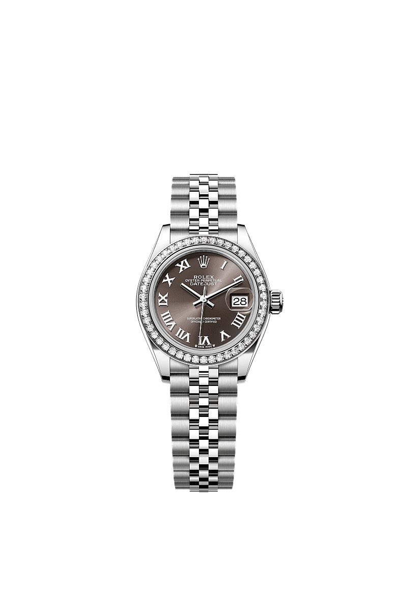 Lady-Datejust, Oyster, 28 mm, acciaio Oystersteel, oro bianco e diamanti, Quadrante : Dark grey, Rolex