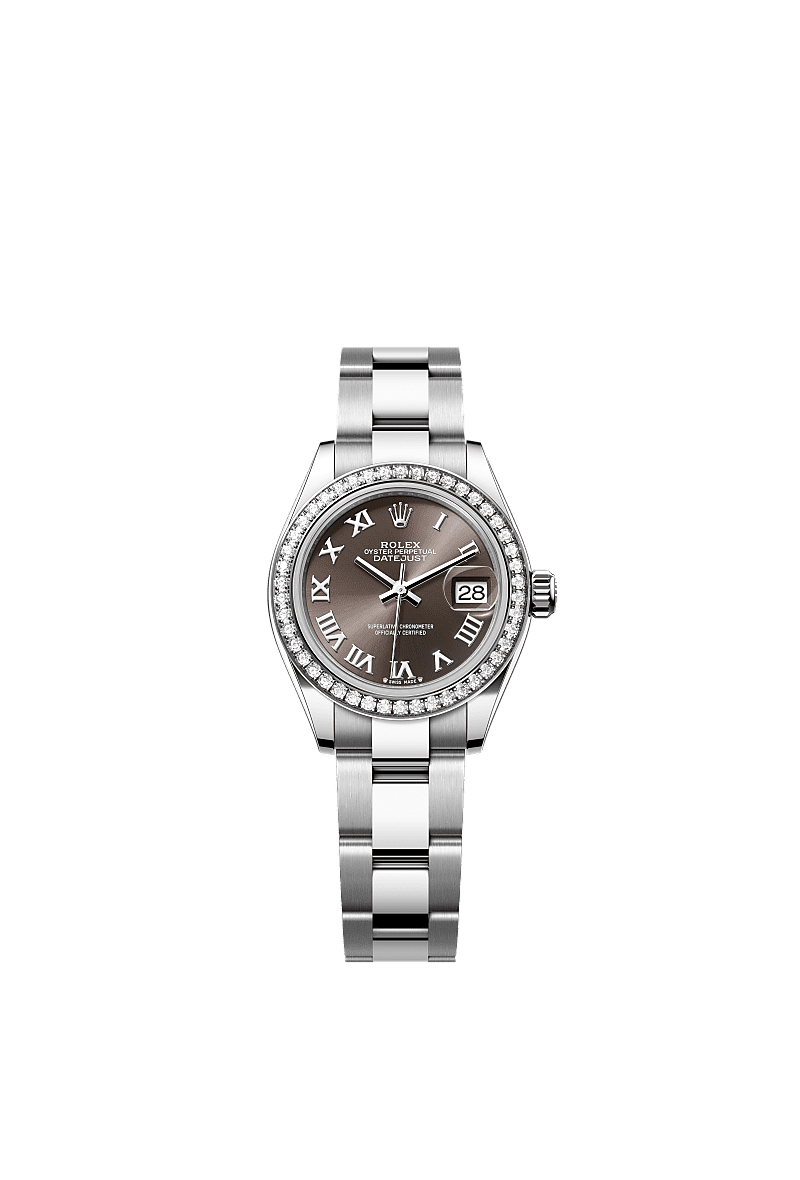 Lady-Datejust, اویستر، ۲۸ میلیمتری، اویستراستیل، طلای سفید و الماس, صفحه‌ : Dark grey, Rolex