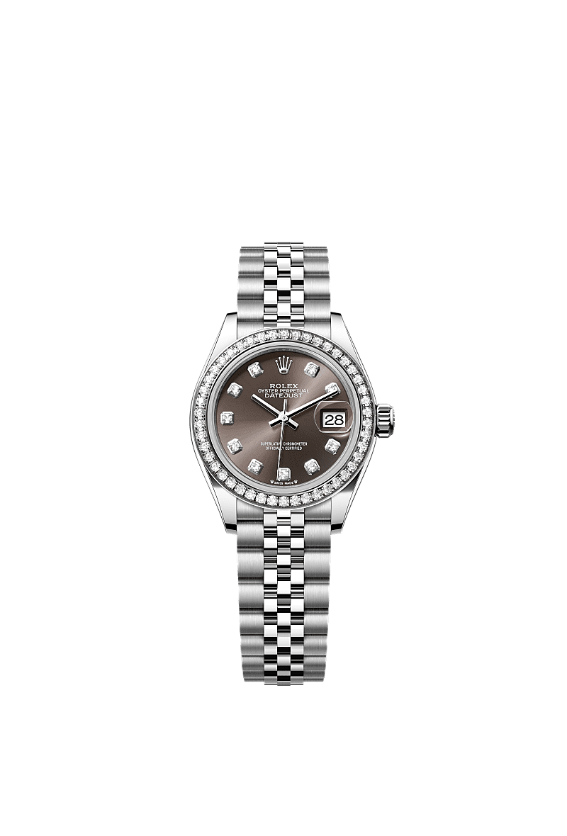 Lady-Datejust, Oyster, 28 mm, Oystersteel, white gold and diamonds, Dial : Dark grey set with diamonds, Rolex