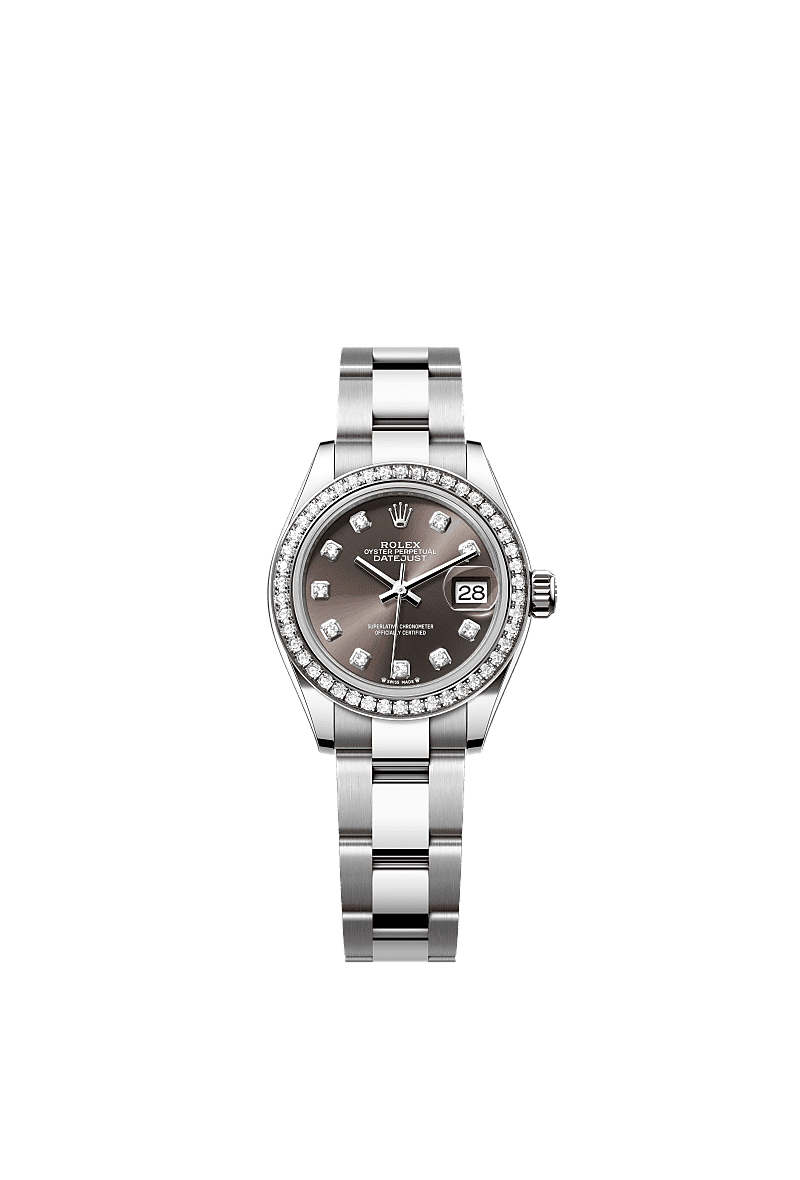 Lady-Datejust, Oyster, 28 mm, acciaio Oystersteel, oro bianco e diamanti, Quadrante : Dark grey con diamanti, Rolex