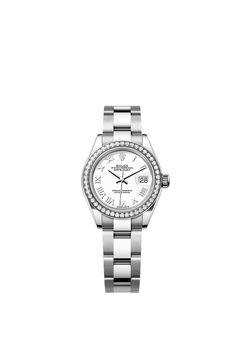 Lady-Datejust, Oyster, 28 mm, Oystersteel, emas putih dan berlian, Permukaan : Putih, Rolex