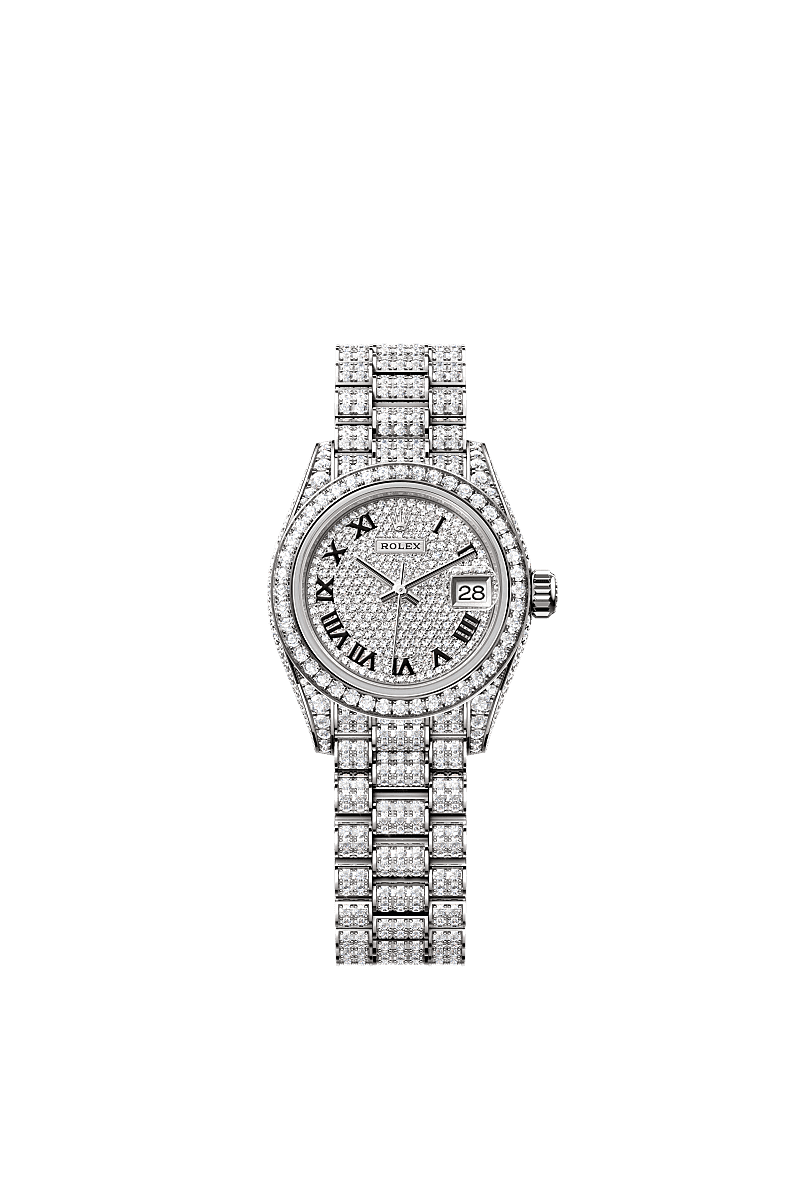 Lady-Datejust, 蠔式，28毫米，鑽石及白色黃金, 錶面 : 密鑲鑽石, Rolex