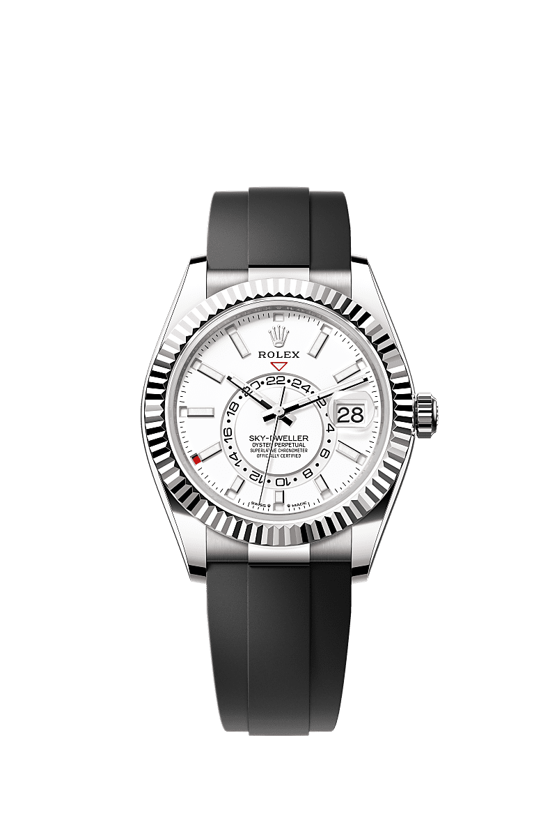 Sky-Dweller, Oyster, 42 mm, ouro branco, Mostrador : Branco intenso, Rolex