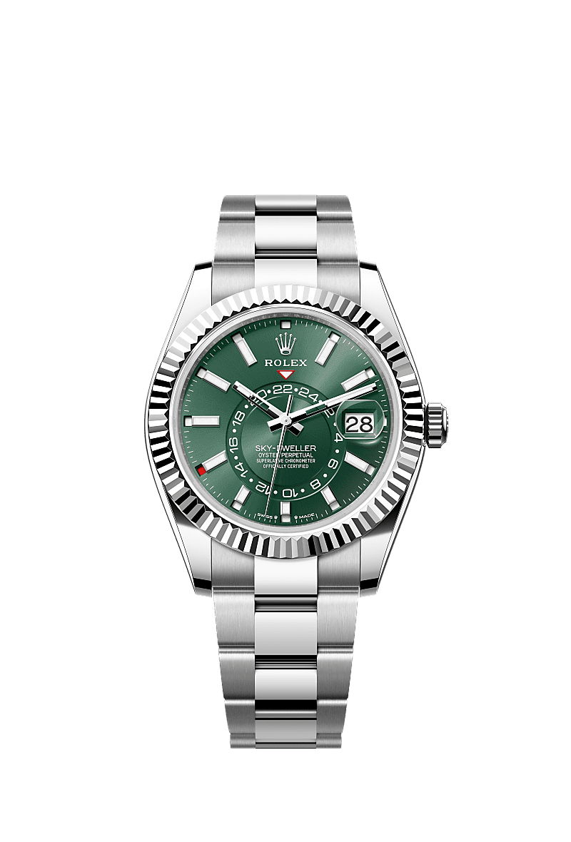 Sky-Dweller, Oyster, 42 mm, acciaio Oystersteel e oro bianco, Quadrante : Verde menta, Rolex