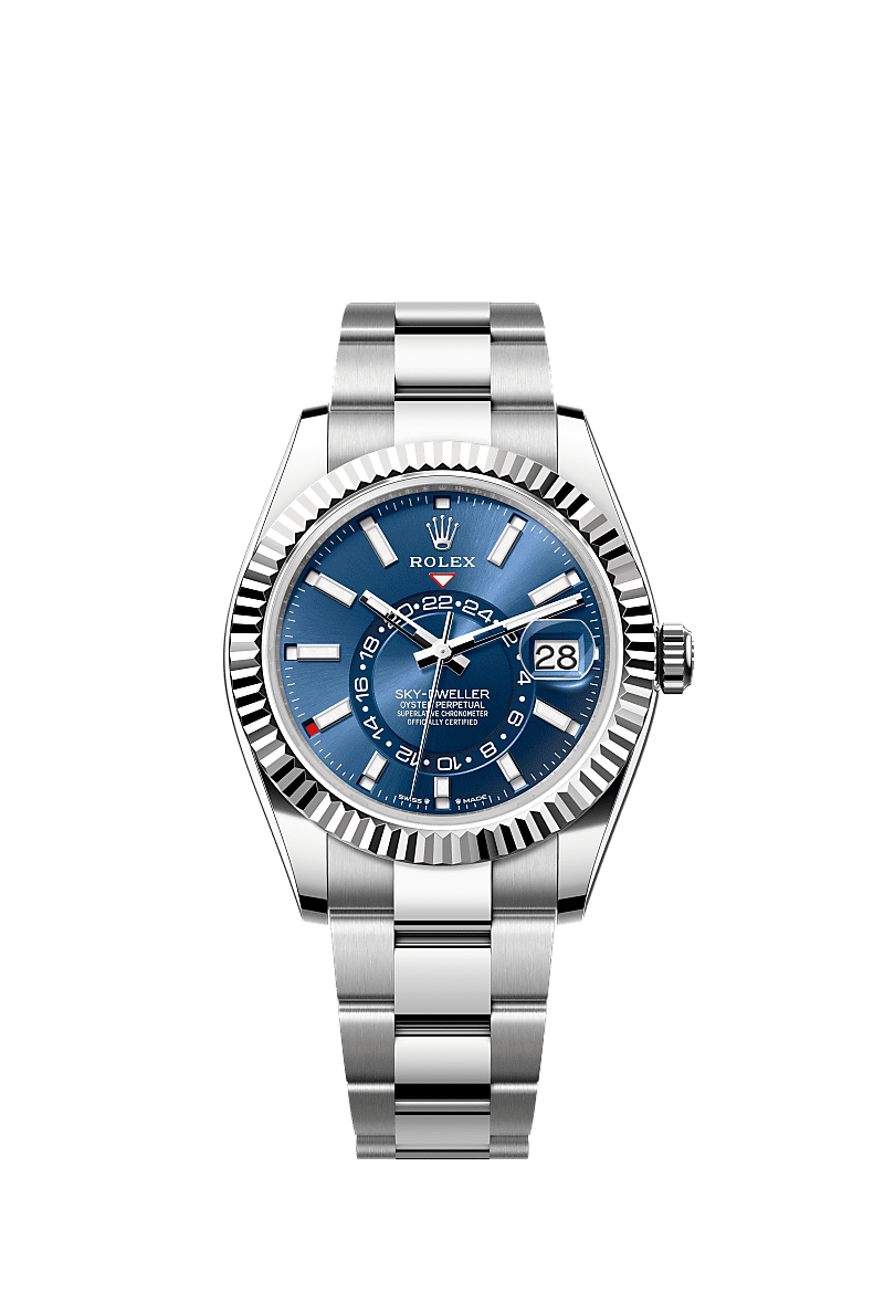 Sky-Dweller, 오이스터, 42mm, 오이스터스틸과 화이트 골드, 다이얼 : 브라이트 블루, Rolex