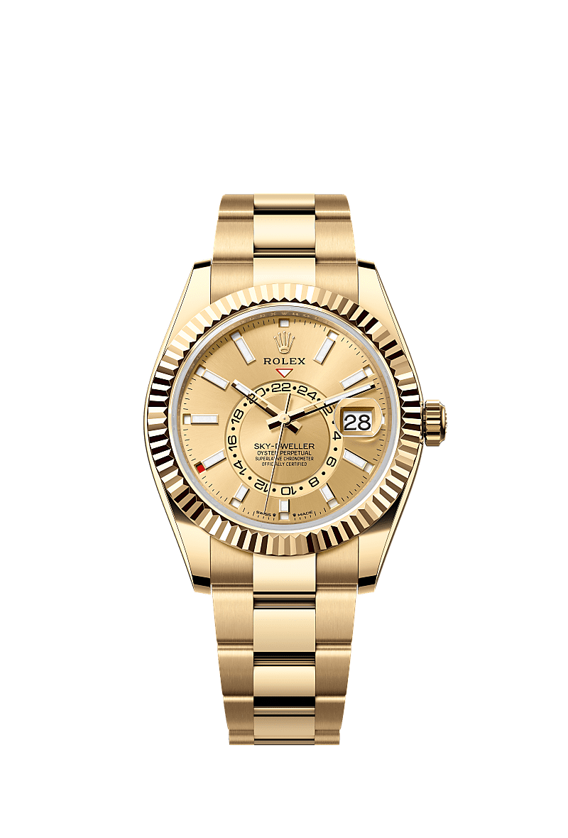 Sky-Dweller, Oyster, 42 mm, emas kuning, Permukaan : Warna champagne, Rolex