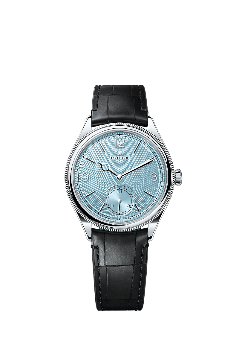 1908, 39毫米，鉑金，磨光效果, 錶面 : 冰藍色，穀粒紋, Rolex