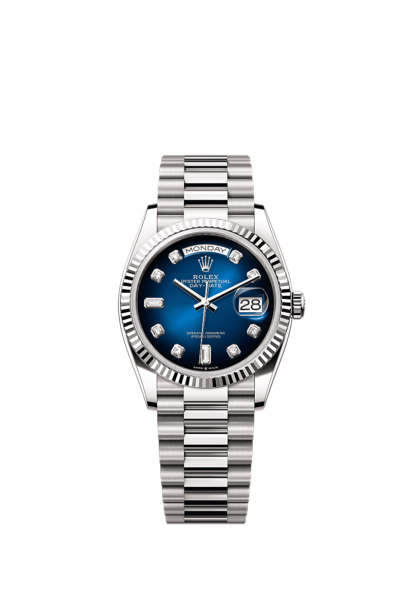 Day date white gold blue dial discount
